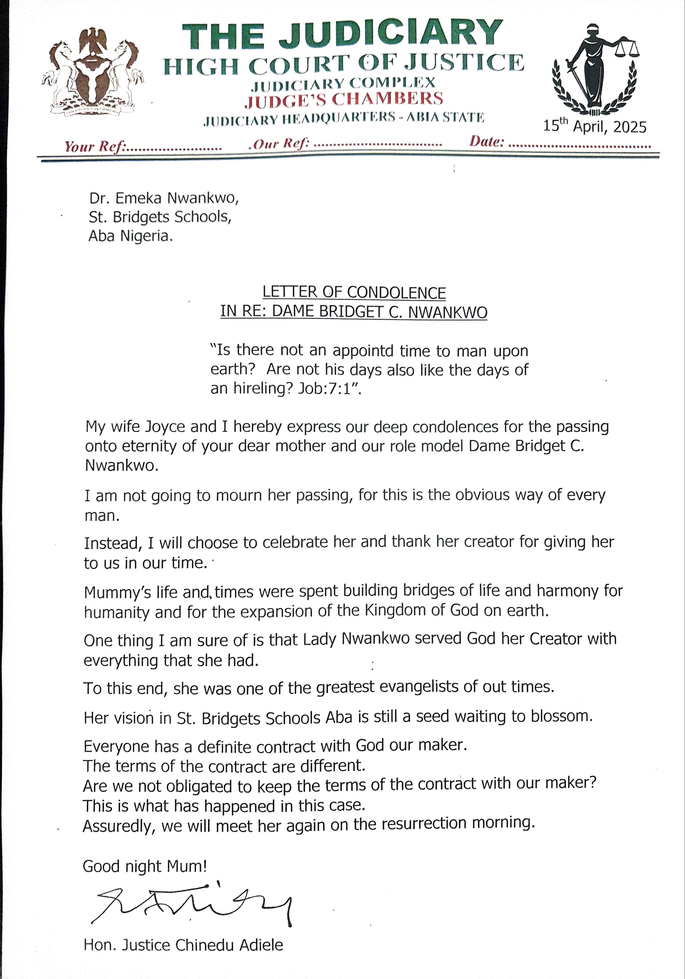 Condolence Message Justice Adiele
